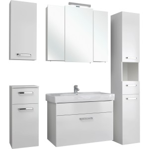 Pelipal Badmöbel-Set Quickset 312, 6-teilig, weiß glänzend mit Spiegelschrank, Waschbeckenunterschrank und Hochschrank.