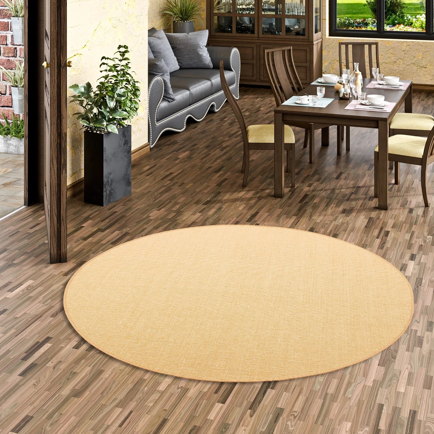 Runder, honigfarbener Sisal Teppich (160x160cm) der Marke Snapstyle. Naturprodukt für Wohnräume.
