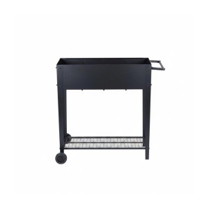 Schwarzes Metall-Hochbeet mit Rädern und Gitterablage für Garten und Balkon. Ideal für Pflanzen.