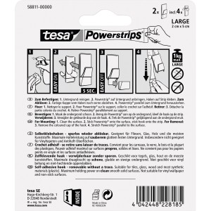 Tesa Powerstrips Haken, transparent-weiß, 2 Stück. Klebehaken für Handtücher und mehr bis 1 kg.