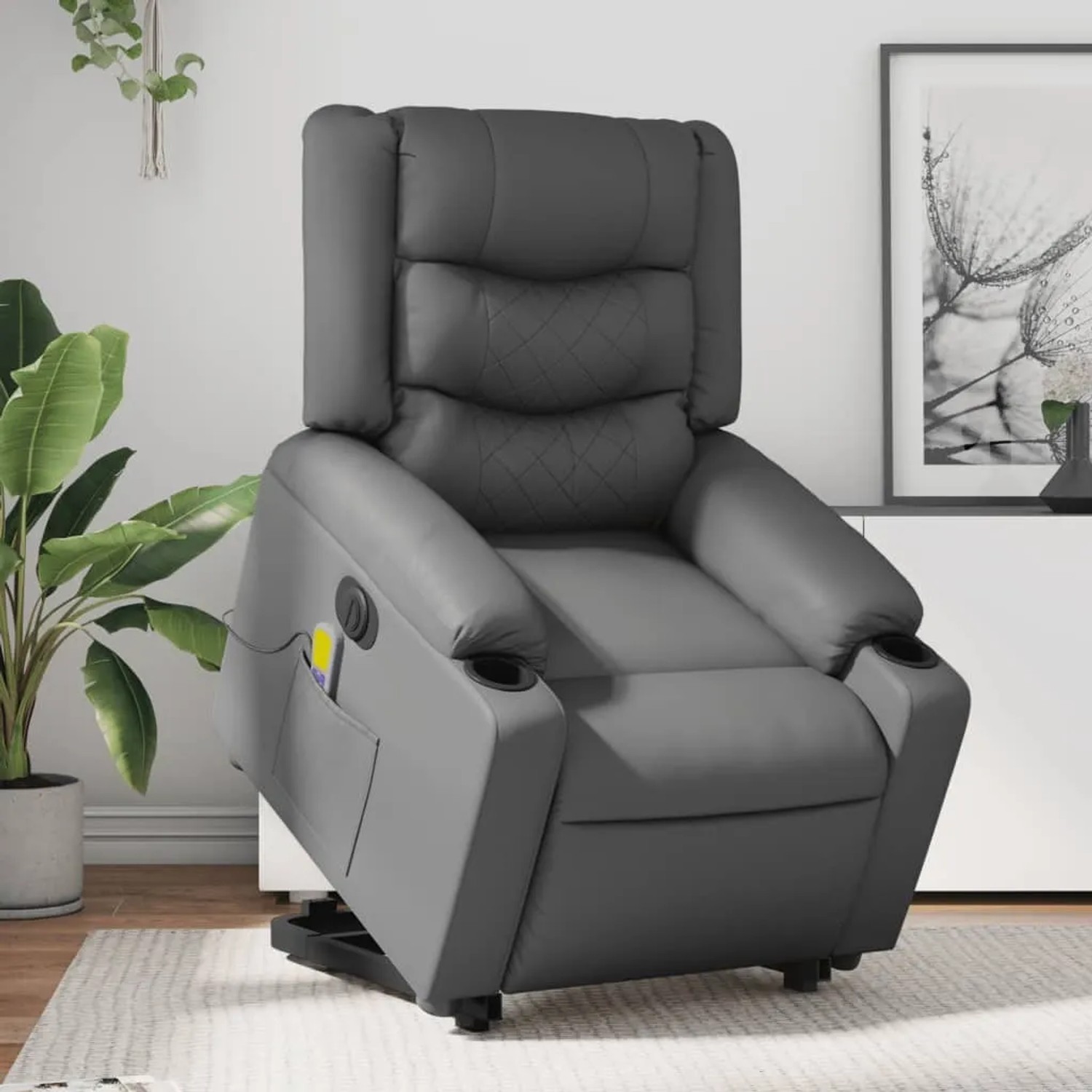 Grauer vidaXL Massagesessel mit Aufstehhilfe, elektrisch verstellbar, aus Kunstleder.