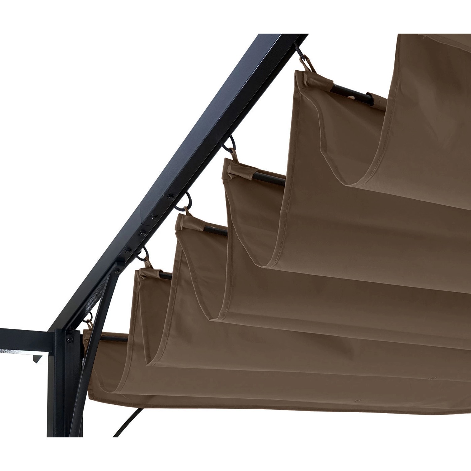Detailansicht der MCW Pergola C42 3,5x3,5m in Taupe-Braun mit stufenlos regulierbarem Schiebedach.