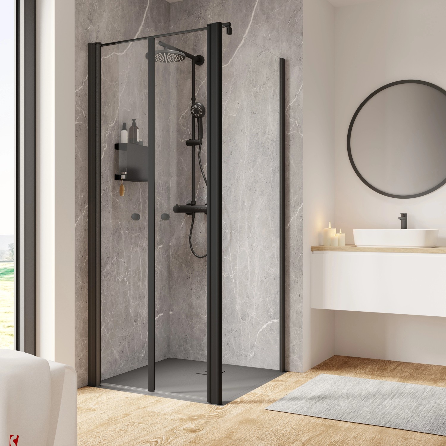 Thumbnail - Schulte ExpressPlus Pendeltür und Seitenwand Garant 2.0 Mattschwarz 200 x 80 cm