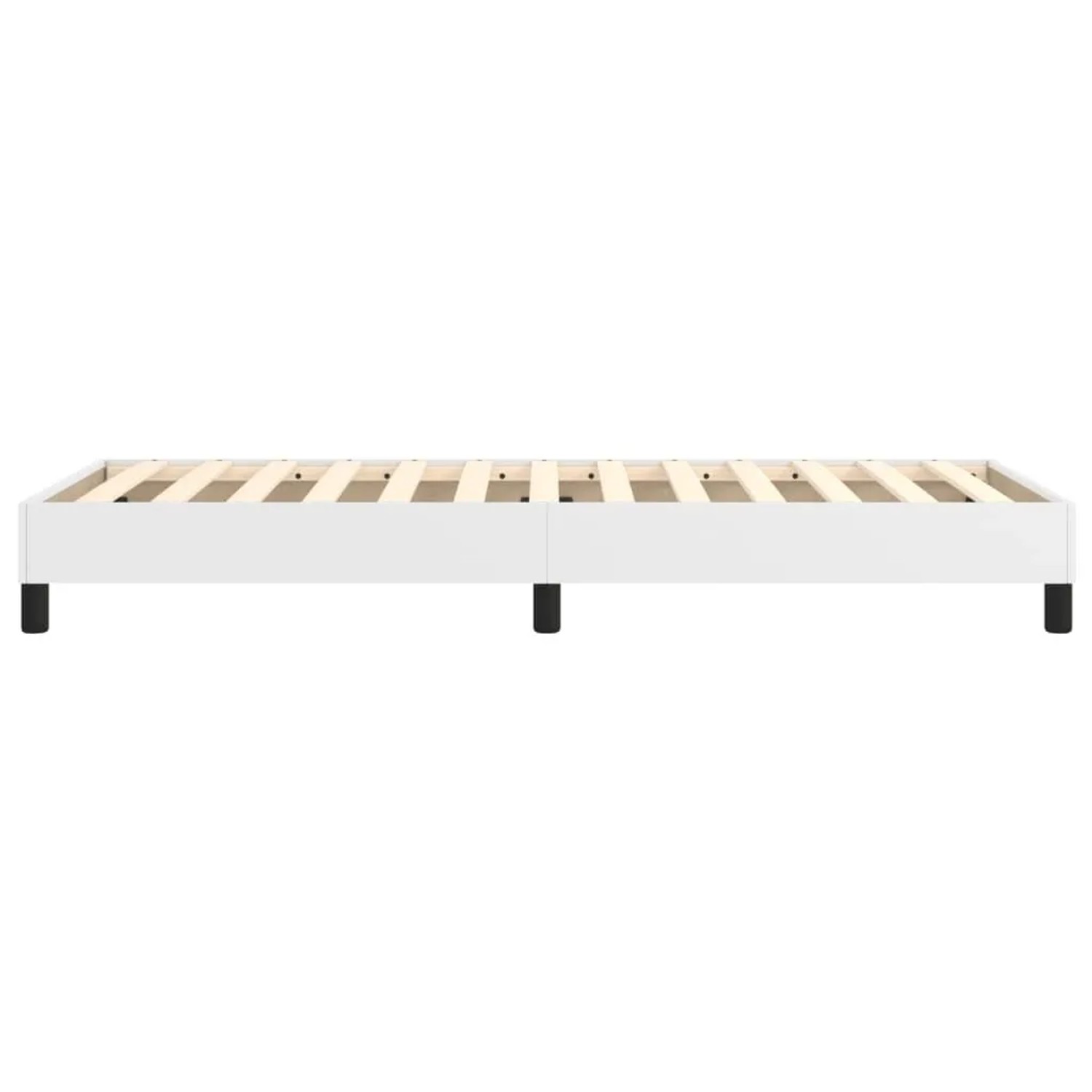 Weißes Boxspringbettgestell 90x200 cm aus Kunstleder, mit Holzlattenrost und schwarzen Beinen.