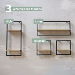 holz4home Wandregal Set, 4-teilig: Sonoma Eiche mit schwarzem Rahmen, verschiedene Größen.