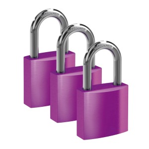 3er Set Basi Vorhangschlösser, lila, Aluminiumgehäuse, gravurfähig, je 2 Schlüssel