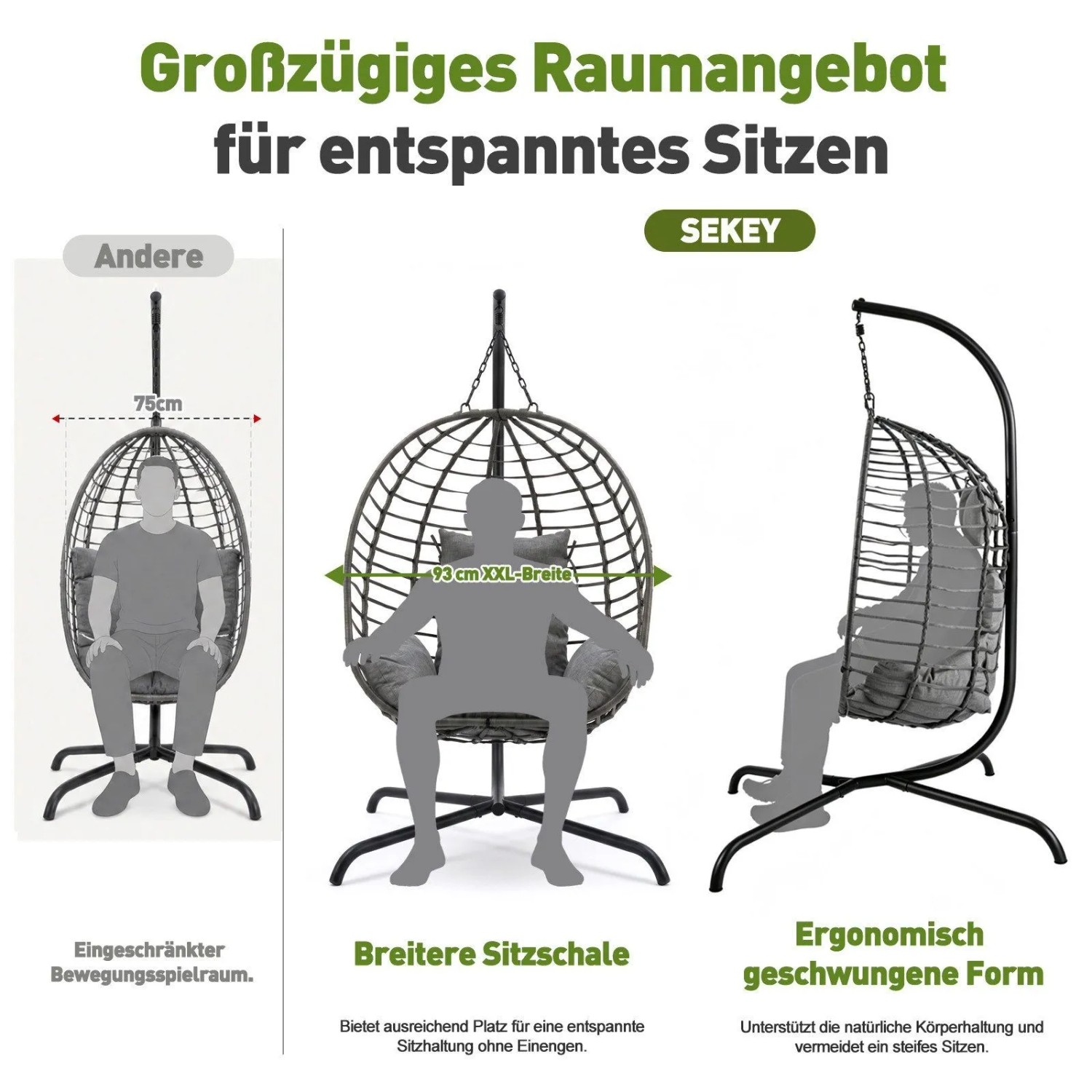 Vergleich: Sekey Hängesessel mit breiterer, ergonomischer Rattan-Sitzschale (93 cm) für entspanntes Sitzen, gegenüber schmalerem Modell.