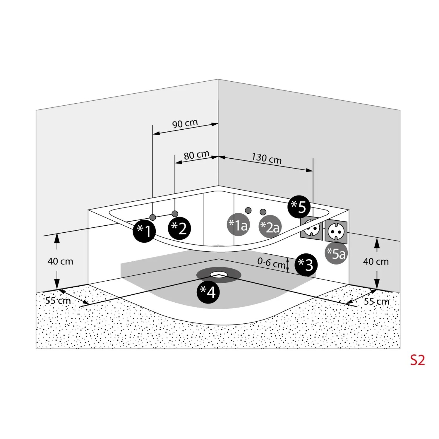 Skizze der AquaVapore Whirlpool Badewanne W06H-TH-SC 152x152cm mit Maßen.