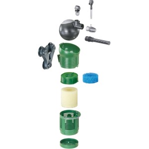 Eheim Aquaball 60 Innenfilter, zerlegt in Einzelteile, zur Reinigung und Wartung.