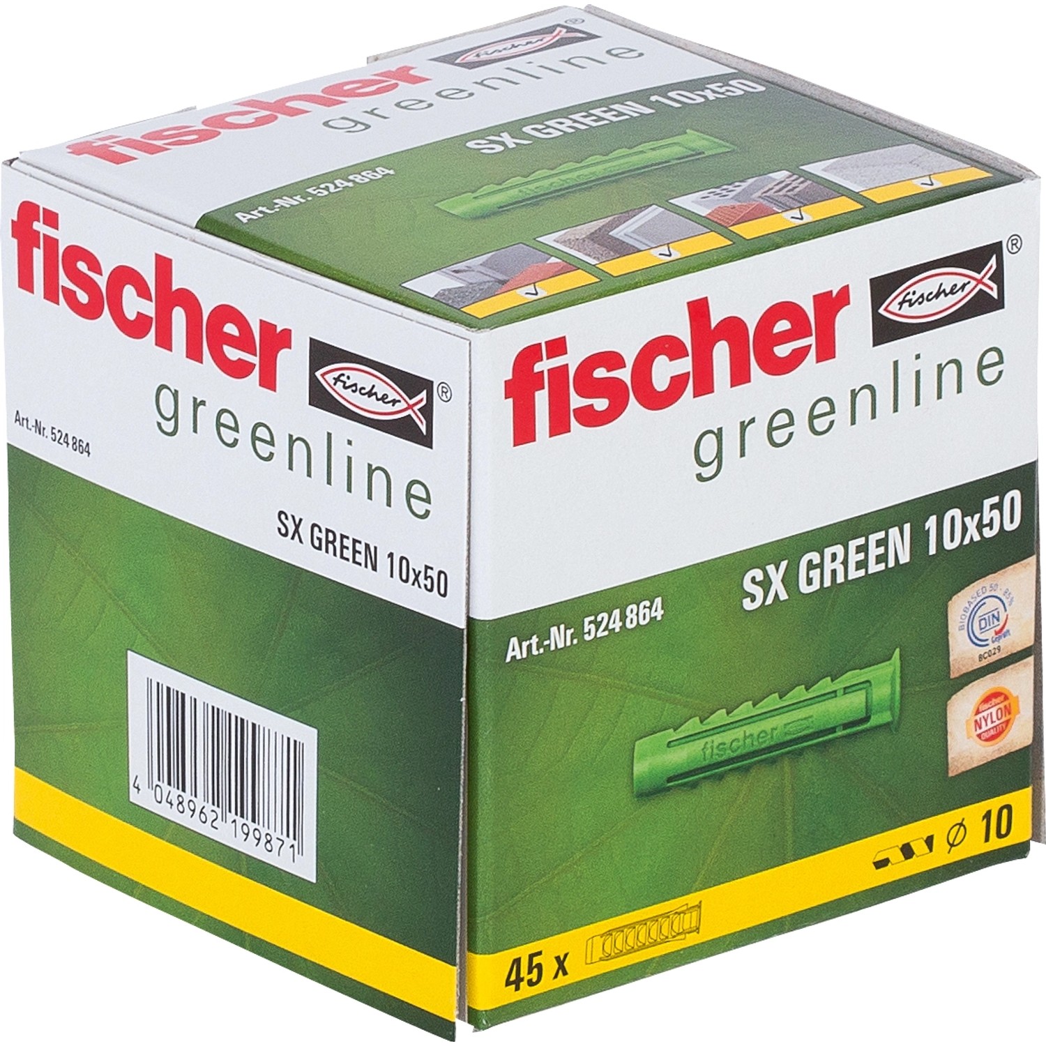 Packung Fischer Spreizdübel SX Green, 10x50 mm, 45 Stück. Universaldübel für Befestigungen in verschiedenen Baustoffen.