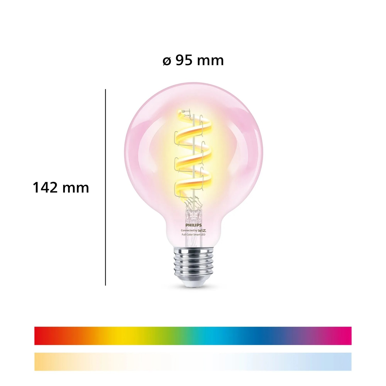 Philips Smart Globe LED-Leuchtmittel G95 E27, rosa getönt, spiralförmiges Filament, RGB & Weißlicht.