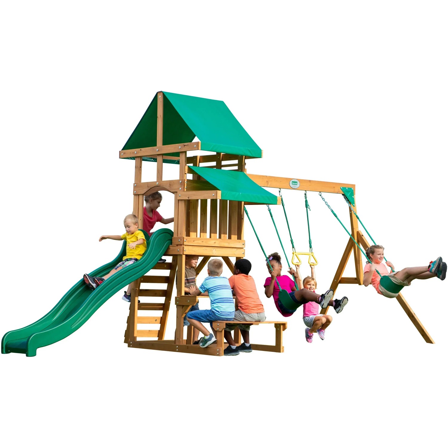 Backyard Discovery Belmont Spielturm mit Schaukeln, Rutsche und Picknicktisch für Kinder.