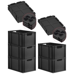PROREGAL SparSet: 5 schwarze Euroboxen (65L) mit Deckel. Stapelbare Aufbewahrungsboxen mit Griffen.