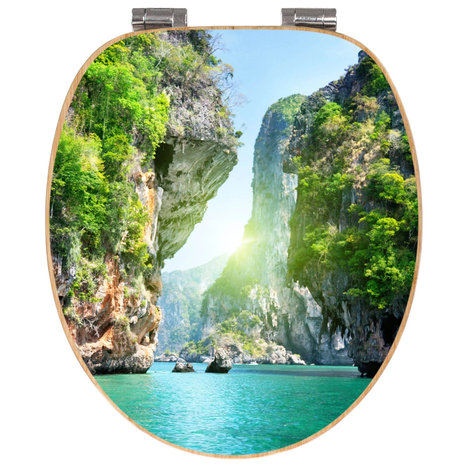 Banjado WC-Sitz Bambus mit Motiv Versteckte Bucht, Toilettendeckel mit Absenkautomatik.