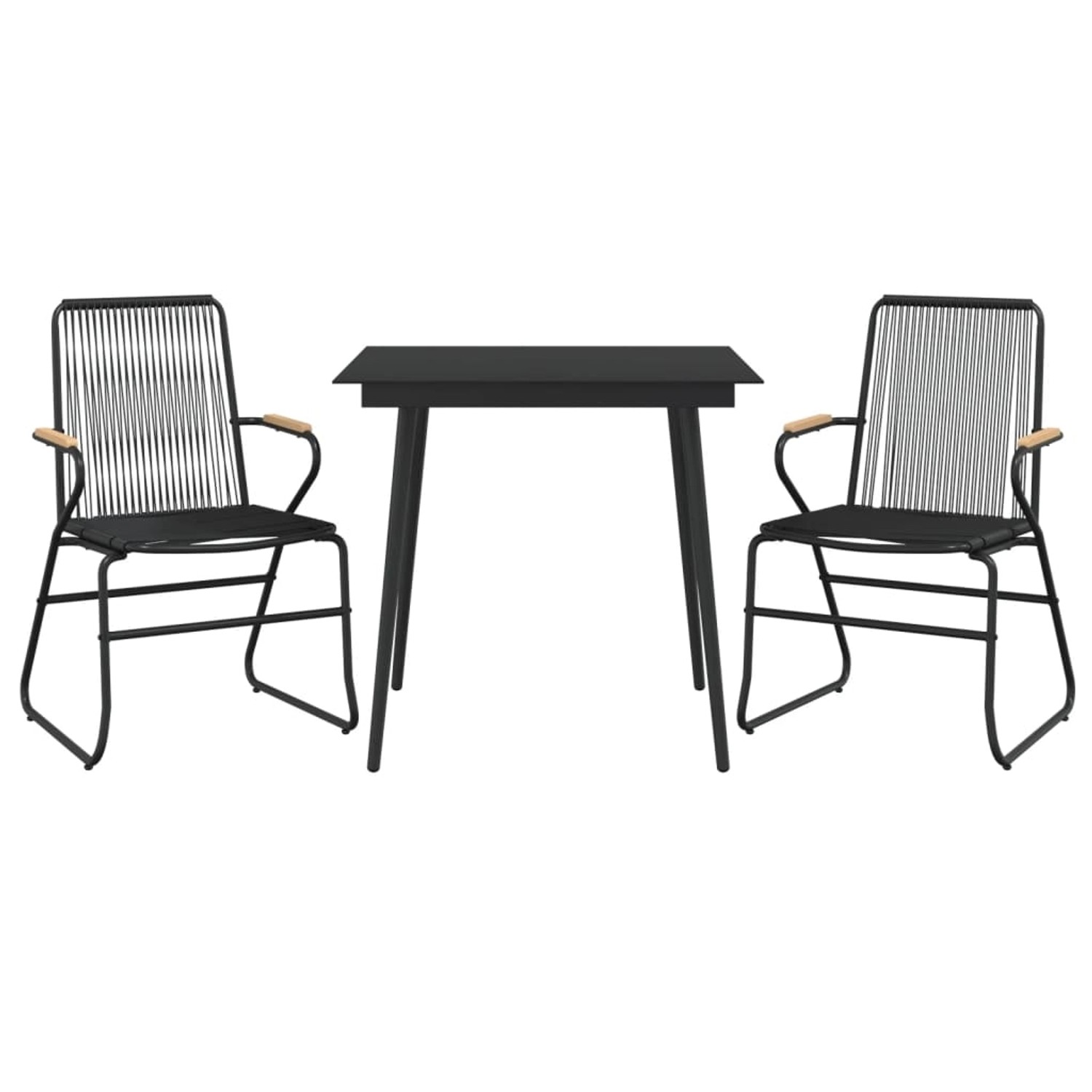 Schwarze 3-tlg. Garten-Essgruppe aus PVC-Rattan mit Tisch und zwei Stühlen.