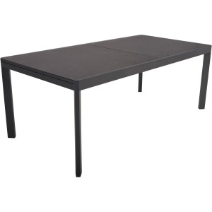Tisch der 9-teiligen Tischgruppe Nerea aus Aluminium mit graphitfarbener Keramik-Tischplatte.
