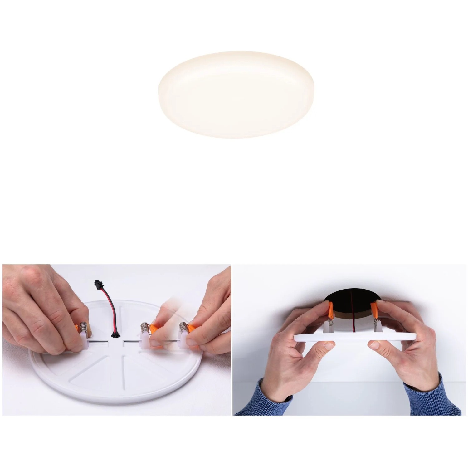 Paulmann LED-Einbaupanel Veluna, rund, 75mm, 4,5W, warmweiß, mit Montagebeispiel.