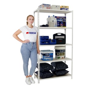 Weißes PROREGAL Schwerlastregal mit 5 Böden, beladen mit Werkstatt- und Lagerutensilien.