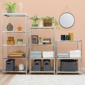 shelfr Edelstahl Schwerlastregal mit 2 Ebenen, ideal als Badregal, Pflanzenregal oder Küchenregal.