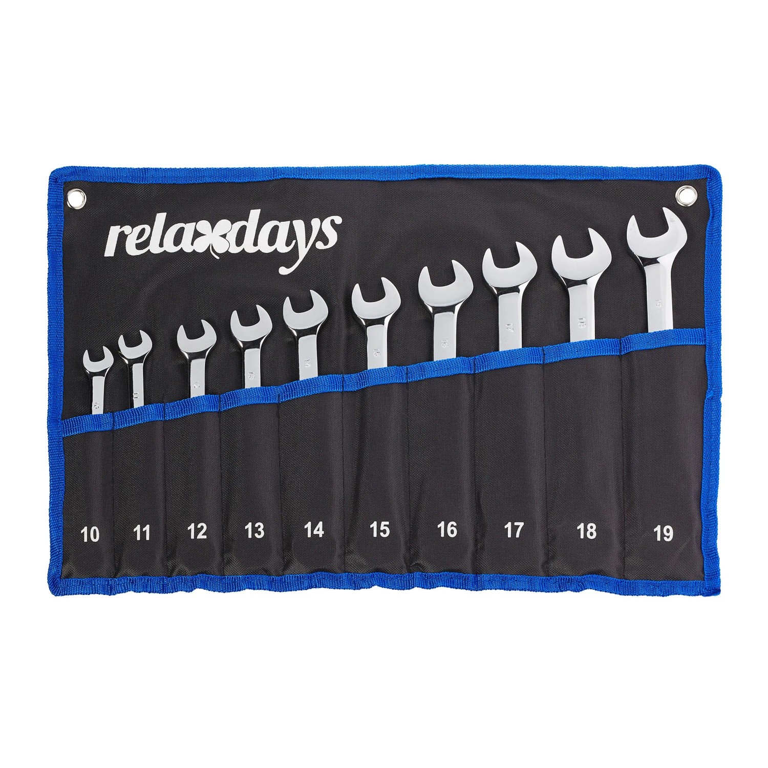 Relaxdays Ringmaulschlüssel Set 10-teilig Chrom-Vanadium-Stahl Silber Schwarz Flexibel mit Ratsche und Gelenk 29 cm x 43 cm x 1 cm 2,04 kg