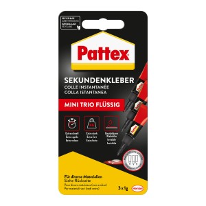 Pattex Sekundenkleber Mini-Trio, 3x1g, flüssig, für schnelle Verklebungen im Haushalt & Modellbau.