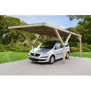 WEKA Einzelcarport Mugello aus Holz mit Stahl-Dacheindeckung und Auto. Kesseldruckimprägniert für lange Haltbarkeit.