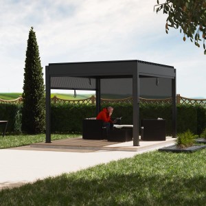 Anthrazitfarbene Juskys Pergola Lamellendach Tahiti 3x4m im Garten mit sitzender Person.