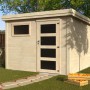 Decor et Jardin Holz-Gartenhaus Paco Natur, 300x305 cm, mit Fenster und Tür mit Glaseinsätzen im Garten.