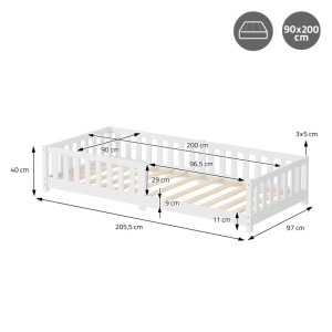 Weißes Kinderbett 90x200 cm aus Holz mit Lattenrost und Rausfallschutz. Detaillierte Maße des Bettes für Kinder.