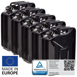 5 schwarze 20L Metall Kraftstoffkanister, TÜV-geprüft, für Benzin, Diesel & E10.