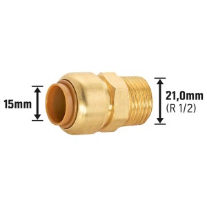 Stecknippel aus Messing, 15 mm x 21 mm (R 1/2), für Gewindefittings in Heizung und Wasserinstallation.