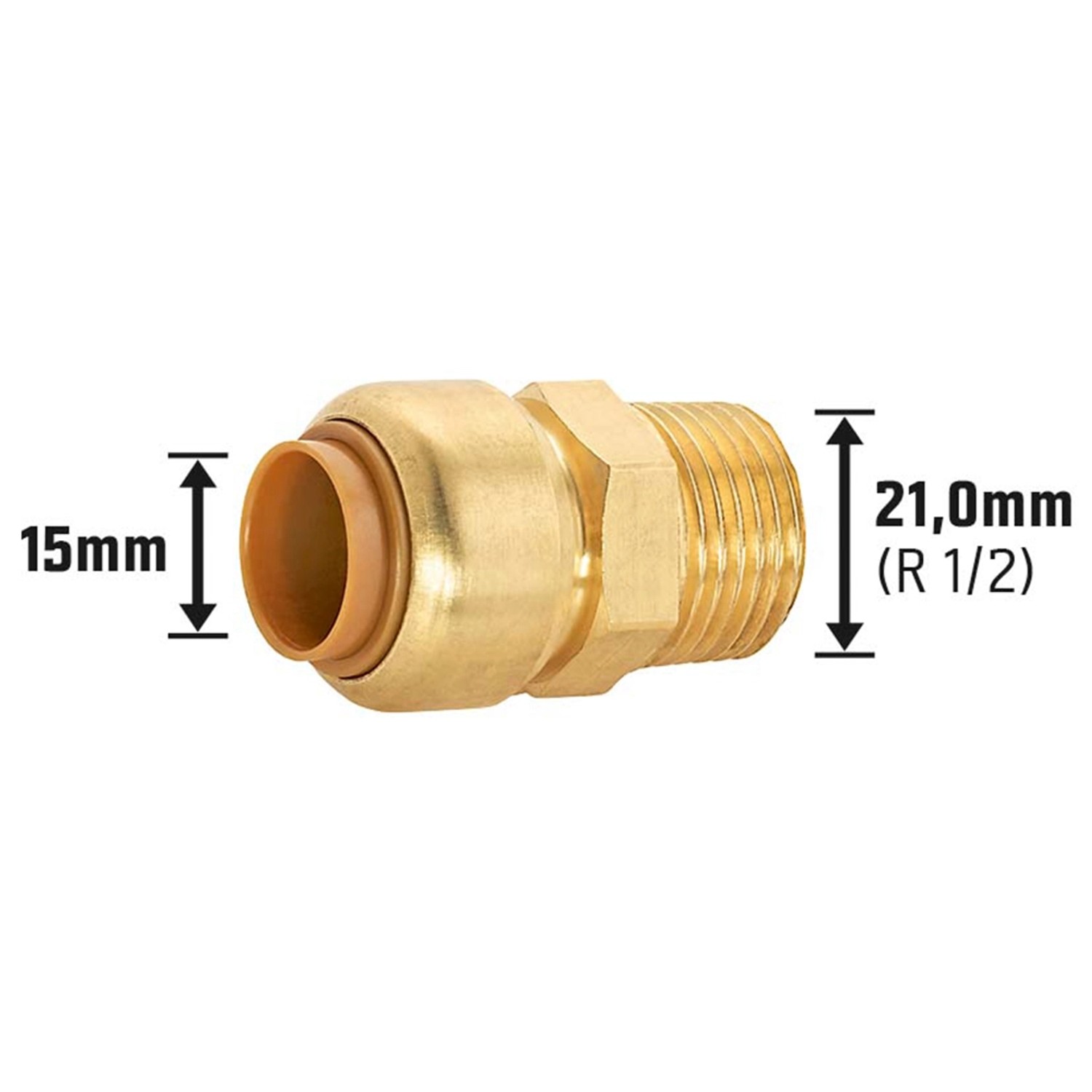 Stecknippel aus Messing, 15 mm x 21 mm (R 1/2), für Gewindefittings in Heizung und Wasserinstallation.