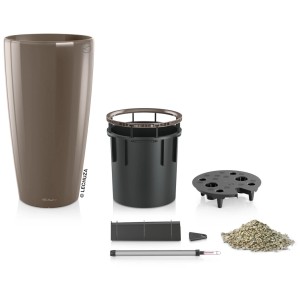 Lechuza Rondo Premium Pflanzgefäß, Ø 40 cm, 75 cm hoch, Taupe hochglanz, mit Zubehör für die Bepflanzung.