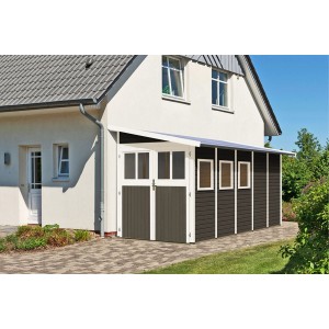 Karibu Holz-Gartenhaus Kristiansund, terragrau lackiert, 181x442 cm. Gartenhaus mit Doppeltür und Fenster.