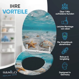 SANILO WC-Sitz Waterworld mit Absenkautomatik und Strandmotiv für ein maritimes Bad.