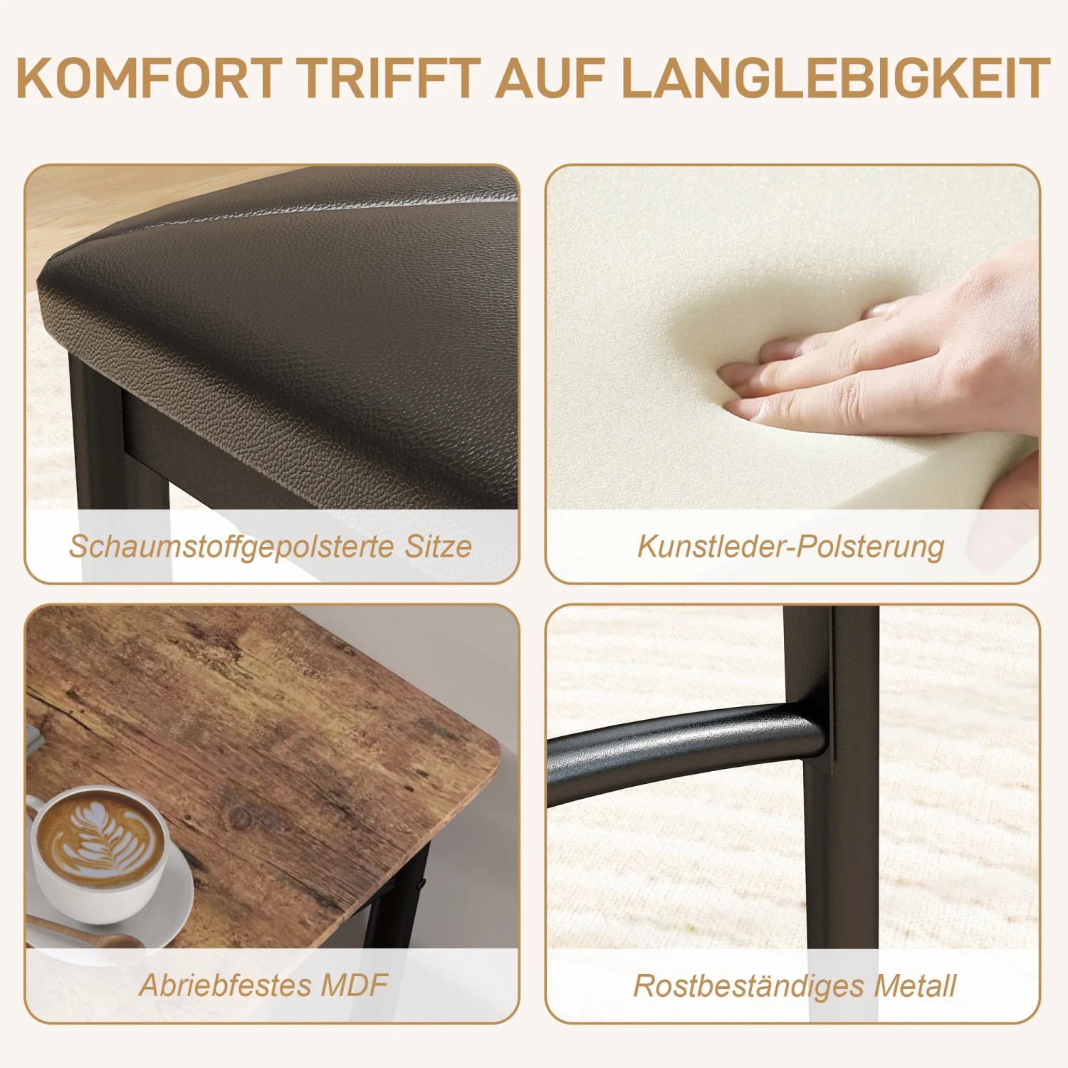 Details der HOMCOM Essgruppe: Gepolsterter Stuhl, Tischplatte aus MDF, Metallgestell.