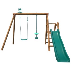 Soulet Holzschaukel Menthe mit Rutsche und zwei Schaukelsitzen für Kinder.