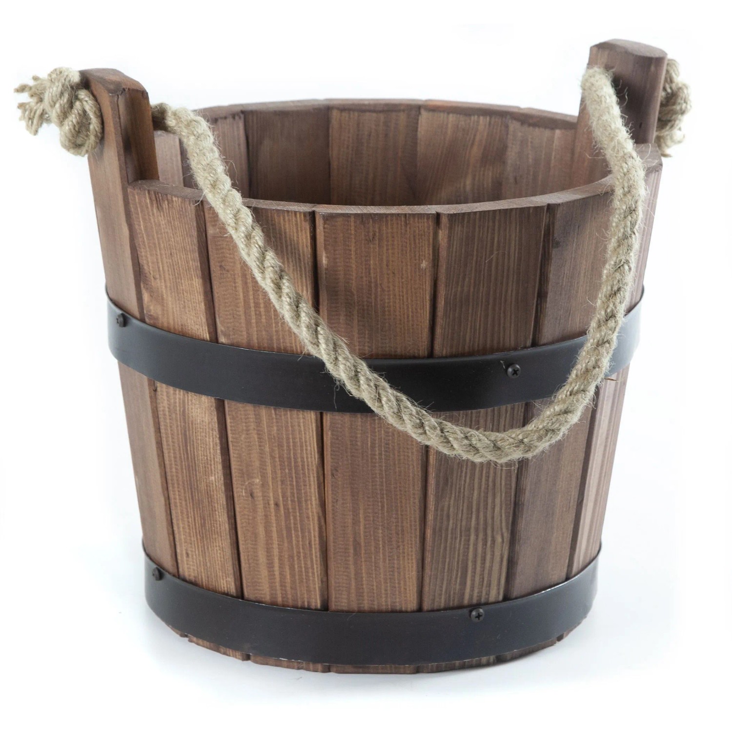HolzFee Pflanzkübel Rustikal Dunkel Walnuss mit Seilgriff Ø 30 x 25 mit Ösen 30 cm