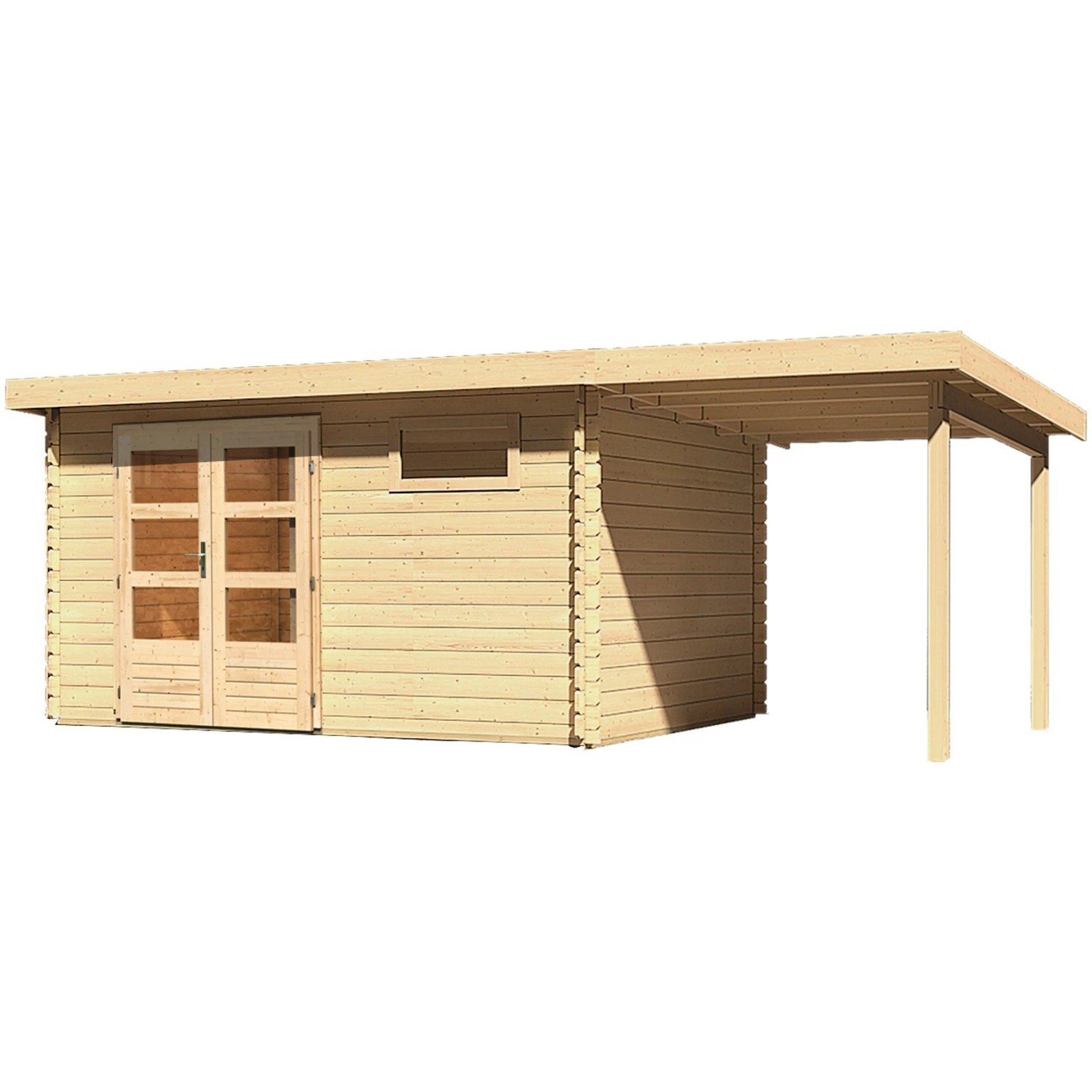 Karibu Holz-Gartenhaus Ängelholm mit Pultdach und Anbau, unbehandelt.