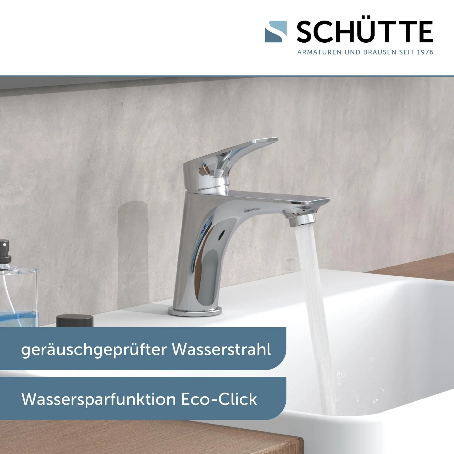 Schütt Waschtischarmatur Boston Chrom mit laufendem Wasser im Waschbecken.