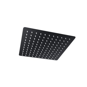 Schwarze quadratische KOLMAN Kopfbrause mit weißen Düsen. Modernes Design für Duschsysteme und Thermostat-Armaturen.