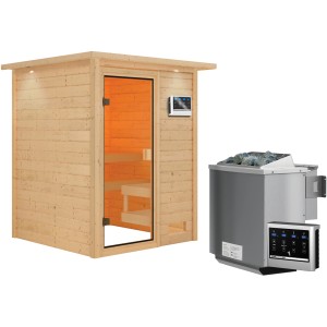Woodfeeling Sauna Sandra mit Bio-Ofen, externer Steuerung und LED-Dachkranz.