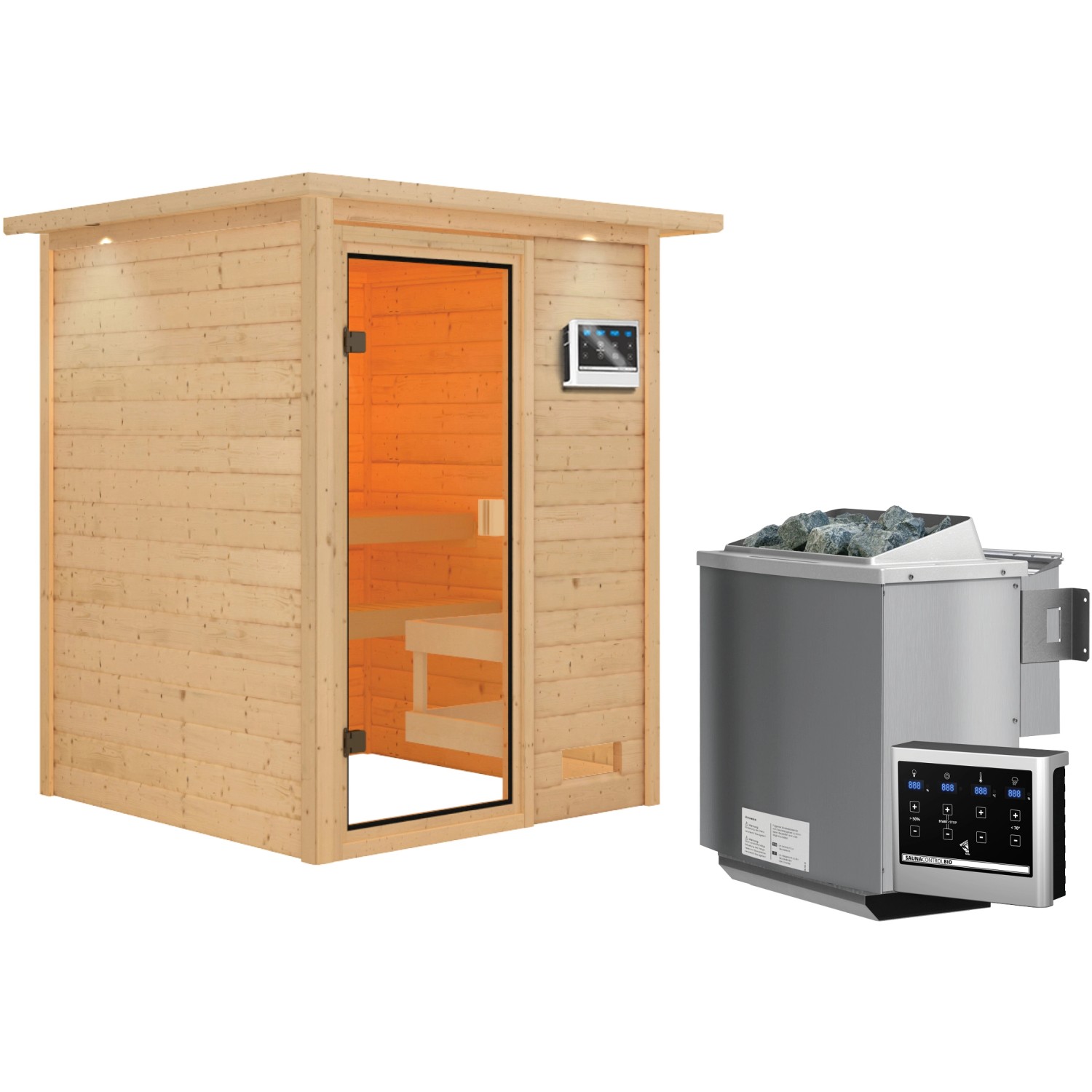 Woodfeeling Sauna Sandra inkl. 9 kW Bio-Ofen mit ext. Strg., LED-Dachkranz