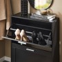 Schwarzer SoBuy Schuhschrank mit zwei offenen Klappen und Schuhen. Schmale Schuhkommode.