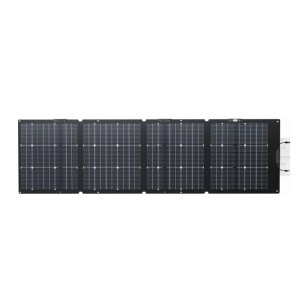 Ecoflow Solarpanel 220W, schwarz, ausgeklappt, mit Solarzellen und Anschlüssen. Für mobile Solaranlagen.