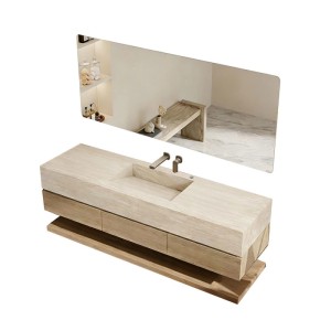 Modernes Badmöbel Set mit Sinterstein Waschbecken in Travertine-Optik, wandhängendem Unterschrank, Ablage und Spiegel.