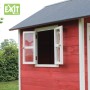 Detailansicht des roten EXIT Loft 300 Holzspielhauses mit geöffnetem Fenster.