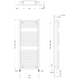 Technische Zeichnung: Schulte Design-Heizkörper München Rund, Maße und Anschlüsse für Installation.