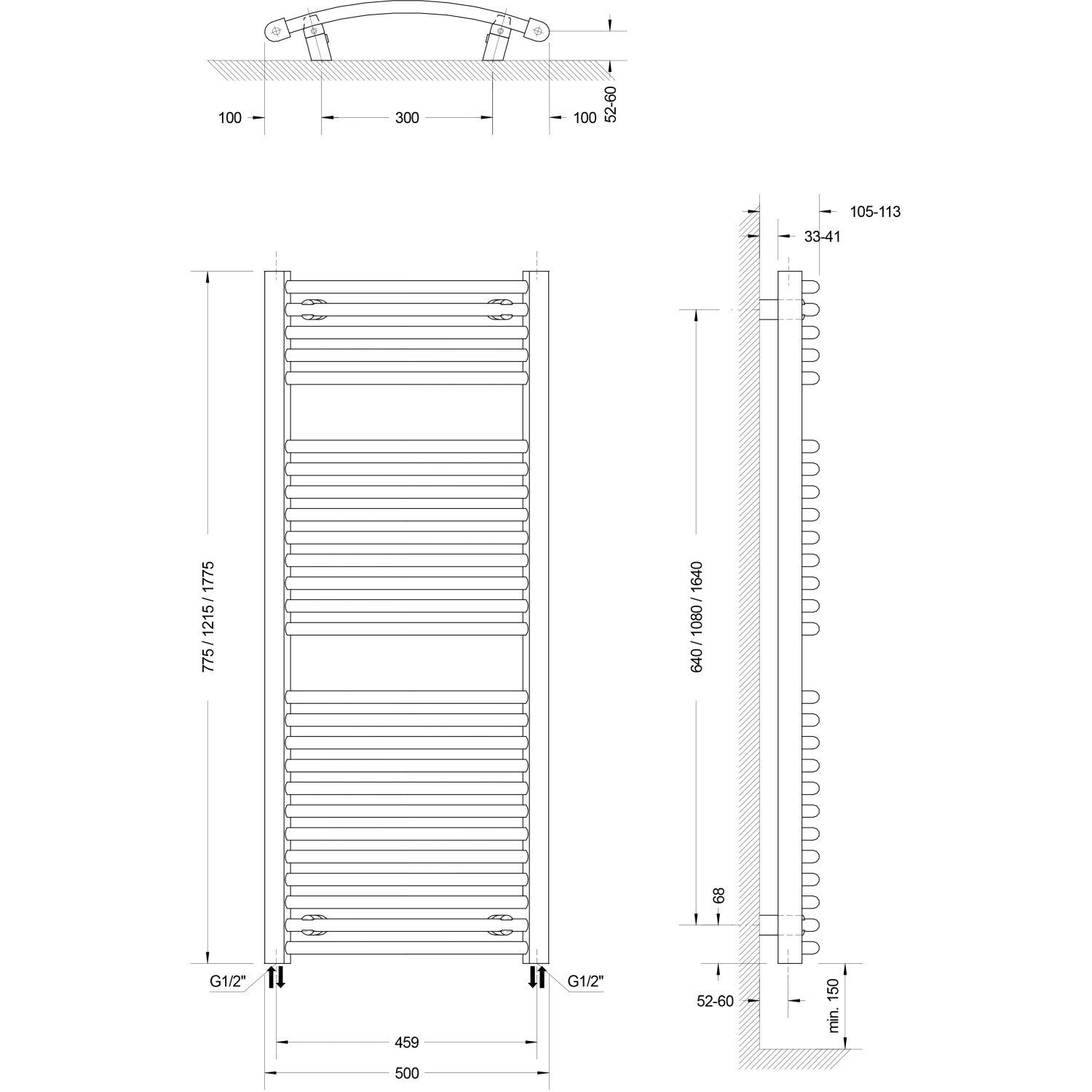 Technische Zeichnung: Schulte Design-Heizkörper München Rund, Maße und Anschlüsse für Installation.