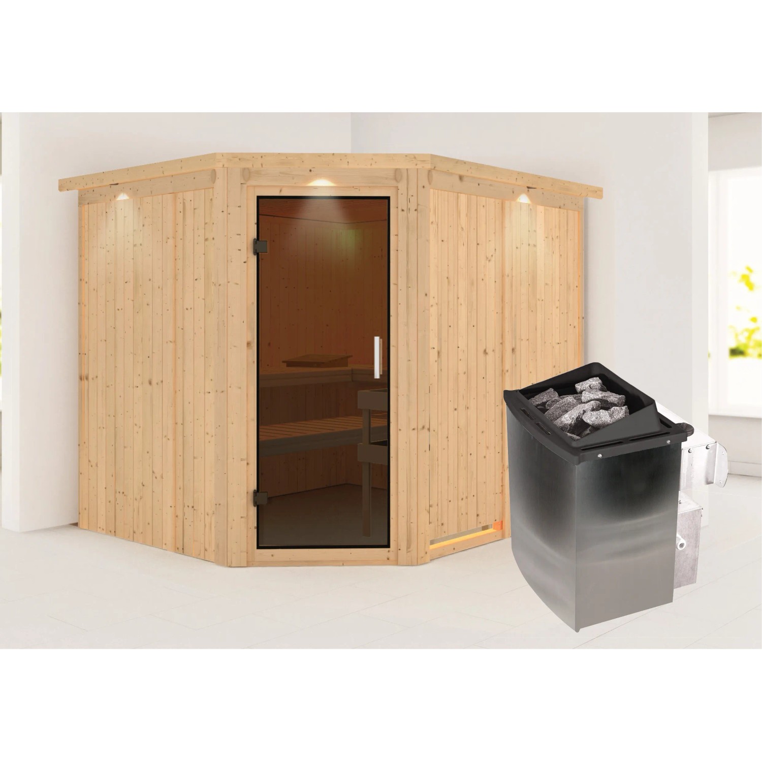 Karibu Sauna mit Ofen m. mit Ofen intergrierte Stg.LED-Dachkranz Gr Natur
